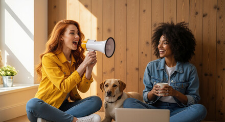 Playful woman with a megaphone making an announcement to her smiling friend with a dog. Diverse friends having fun at home. Communication and friendship concept