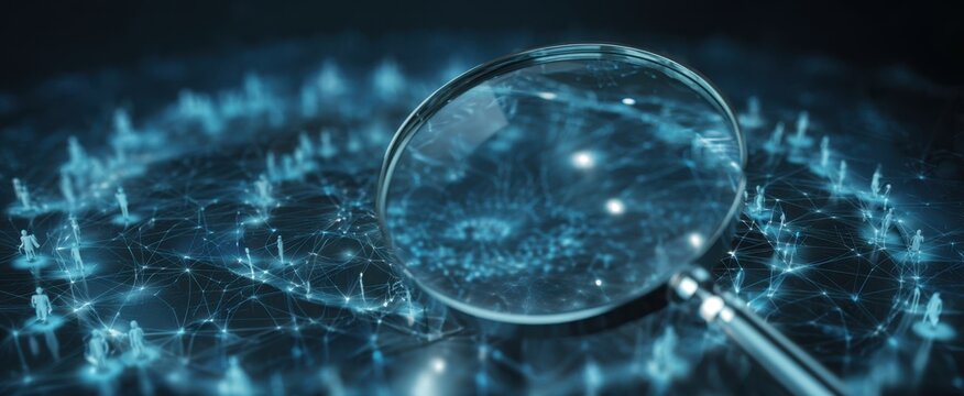 The Magnifying Glass Inspecting a Digital Network of Connected Human Icons