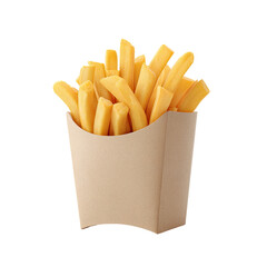 Golden French fries in a light brown cardboard container
