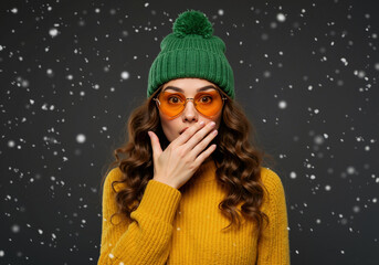 Surprised young woman in colorful winter clothes during a snowfall. Stylish girl in a green beanie and yellow sweater with a shocked expression. Copy space