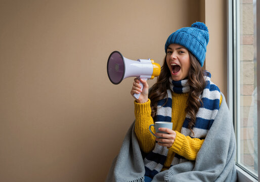 Woman in winter clothes shouting into a megaphone. Important announcement or sale promotion concept. Portrait with copy space - Powered by Adobe