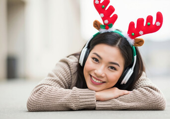 Happy Asian woman in festive reindeer antlers listening to music on headphones. Young person smiling during the Christmas holiday season. Winter celebration concept