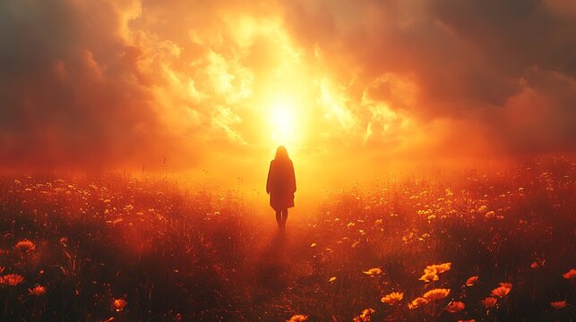 Person in Flower Field at Sunset Glow