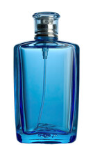 Clear glass perfume bottle, vibrant blue