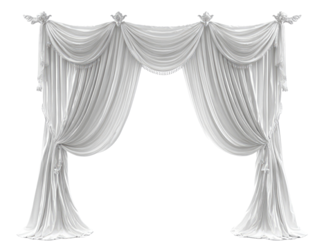 Elegant, flowing drapes in a light gray color, with decorative details at the top