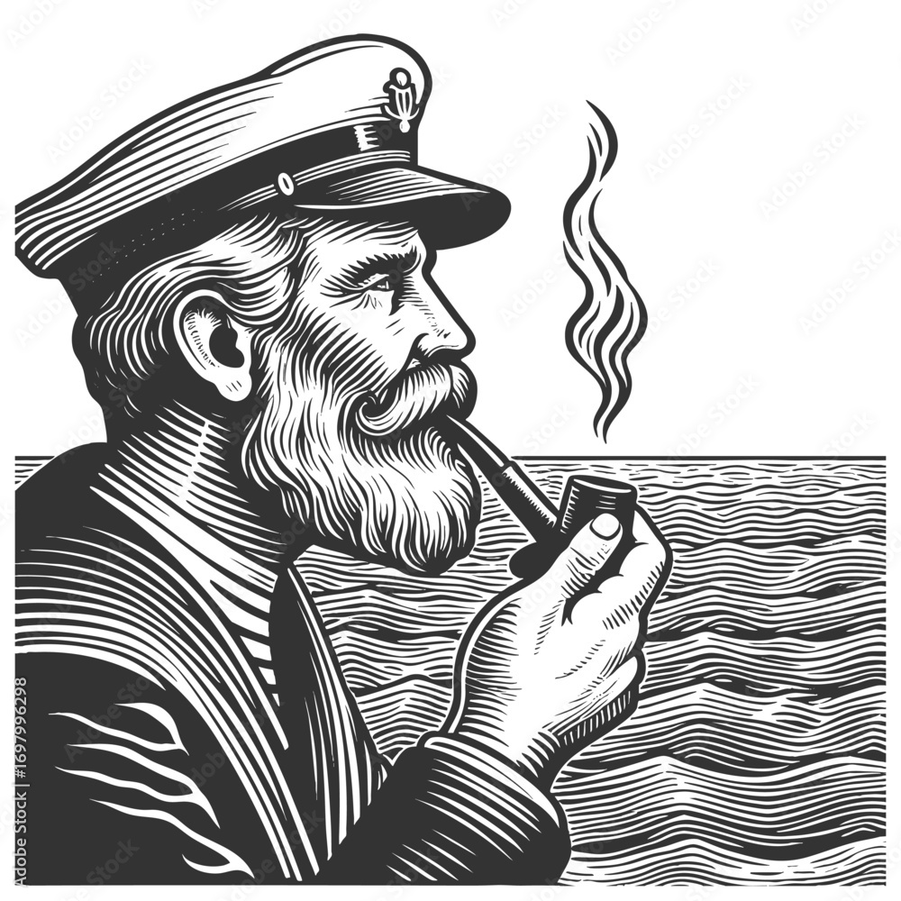 Aufkleber old sailor with a beard smoking a pipe, standing by the sea with sailing ships sketch engraving gene