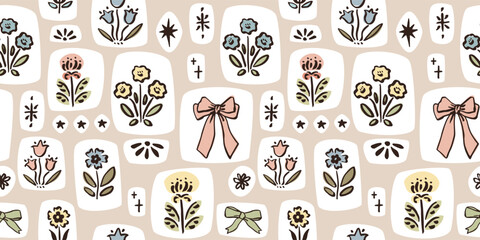 Hand drawn floral block print mosaic seamless pattern. Trendy flower botanical vector background. Boho, cottage core, Indian traditional textile design.