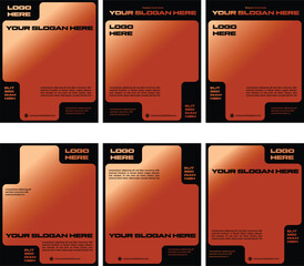 Set of six modern and futuristic vector poster templates social media 17 pro max style featuring a bold geometric shape with a metallic orange gradient for corporate branding
