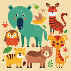 Naklejka premium Colorful cartoon animals gathered in a playful scene