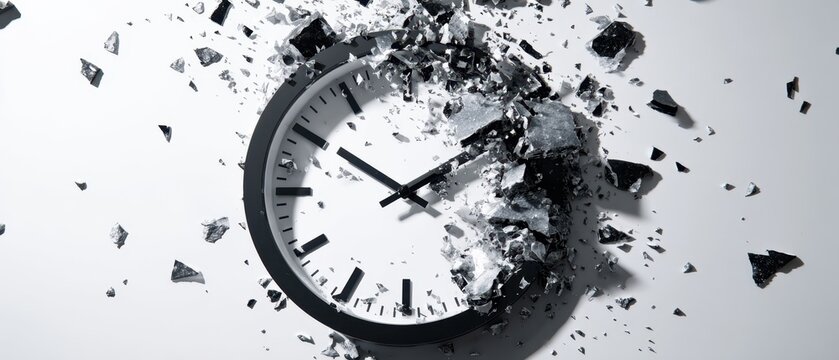 The clock exploding into fragments representing urgency breaking the boundaries of time