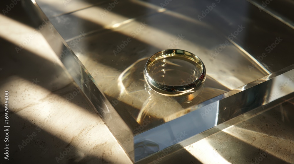 Poster elegant gold ring sitting on transparent surface with soft light and shadows creating beautiful refl