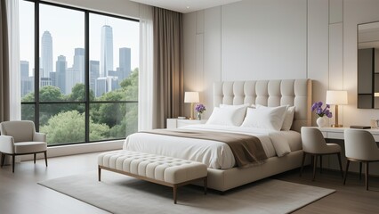 Luxurious modern bedroom with floor-to-ceiling windows, city skyline and greenery view, neutral palette, soft taupe curtains, padded headboard bed, cream bench