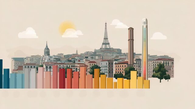 A city skyline with a tall building in the middle. The building is the Eiffel Tower. Minimal infographic temperature bar graph with Spain heatwave icon, Barcelona highlight, clean muted