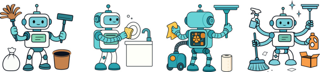 Vector illustration of cute robots doing household chores like cleaning, washing dishes, and vacuuming.
