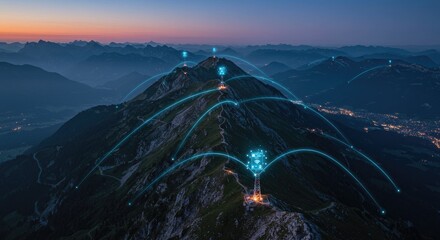 Mountain range with glowing network connections at dawn