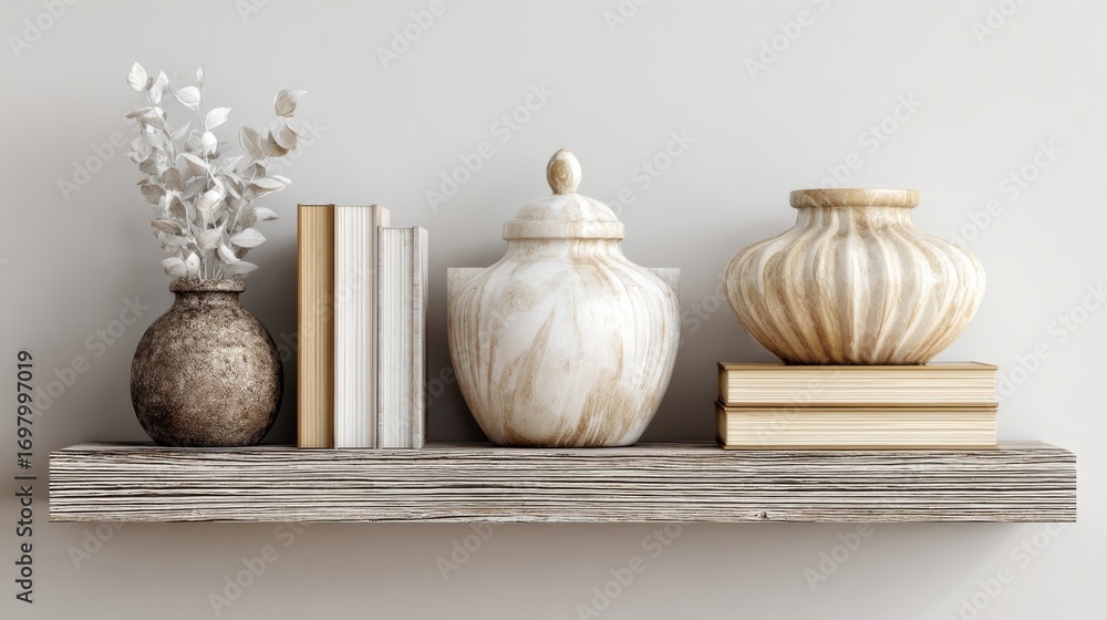 Poster Elegant Shelf Display Featuring White Vases, Decorative Jars, and Stack of Books on a Wooden Floating Shelf