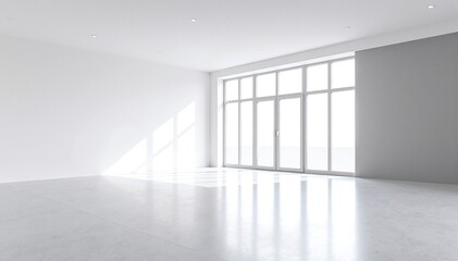 Fototapeta premium A bright, airy room featuring pristine white walls and a smooth white floor, illuminated by natural light streaming through large windows.