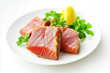Flawless cooking fresh fried tuna fish served on a plate with parsley and lemon isolated on white background, generated AI