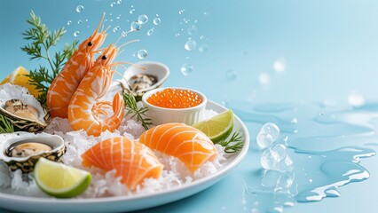 Photo-realistic close-up of fresh seafood platter with shrimp, salmon sashimi, oysters, caviar, ice, water splashes, dill, and lime on light blue gradient background, soft bokeh and bubbles