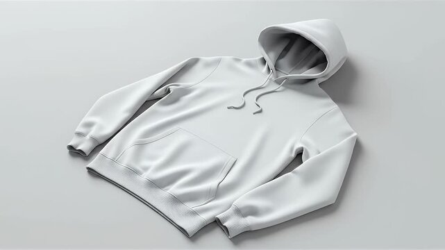 A white hoodie with a hood and drawstrings is laying diagonally on a solid white surface