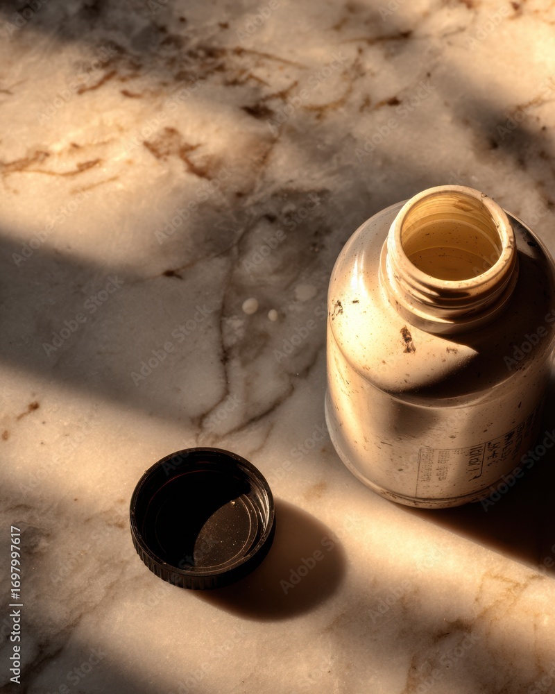 Poster empty bottle on marble surface with natural light and shadows reflecting unique texture and colors o