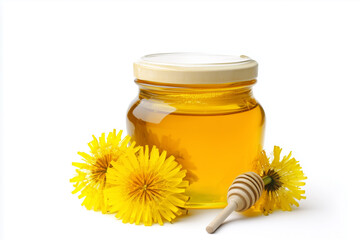 Flawless dandelion honey in glass jar with fresh yellow dandelions isolated on white background, generated AI