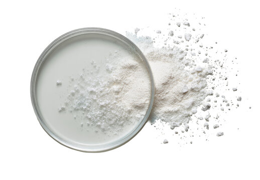 White powder in a petri dish.  Scattered powder.  Top-down view.  High-key lighting.  Studio shot