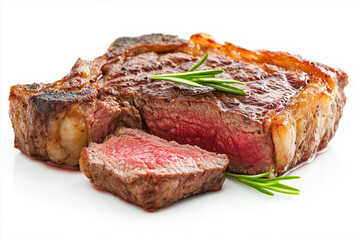 Flawless fresh fried beef steak with a cut piece isolated on white background, generated AI