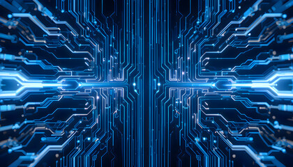 Close up view of an electronic circuit board glowing with blue lights representing modern technology, computing, engineering, innovation and futuristic digital background