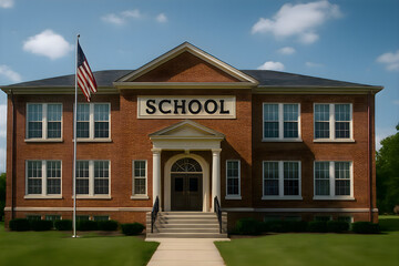 Image of a large school building with a national flag on the front representing architecture, education, public building, structure, learning and institutional design