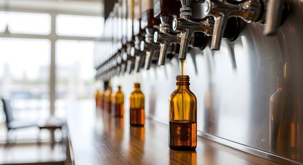 Close-up of a stream of golden liquid filling an amber glass bottle from a modern dispensing tap on a wooden counter, highlighting a sustainable refill concept.