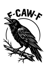 Angry raven bird vector with "F-CAW-F" text and raised middle finger wing in aggressive monochrome tattoo style
