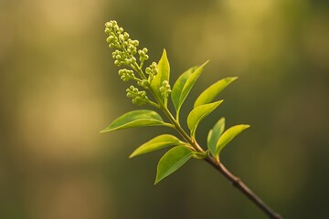 Fototapeta premium Green Plant Budding Branch with New Leaves and Buds in Soft Sunlight new growth