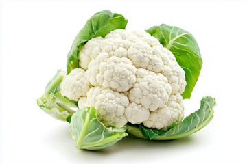 Flawless fresh ripe cauliflower with its green leaves isolated on white background, generated AI