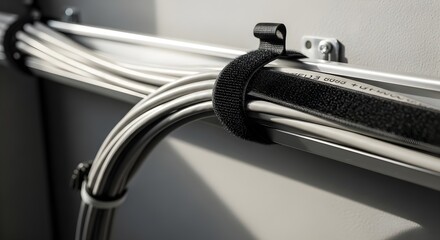 Neatly organized bundle of white cables secured with a black velcro strap on a metallic track in a modern technological setting.
