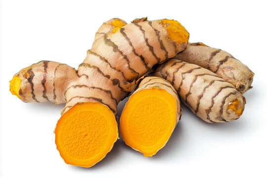flawless fresh ripe turmeric on white background, generated AI