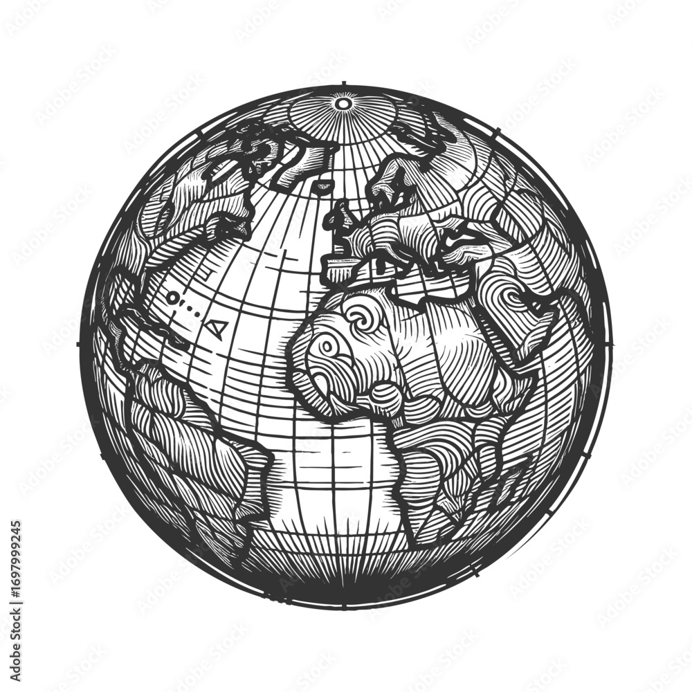 Aufkleber classic world globe on a stand, highlighting continents and geography in retro style sketch engravin