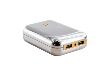Sleek silver power bank with gold accents for charging devices on the go, stay connected