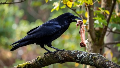 Raven eating a piece of meat on a branch