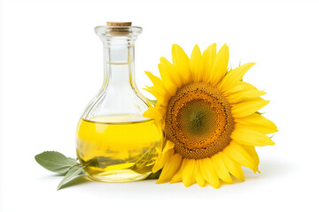 Flawless sunflower oil in glass bottle with fresh raw sunflower isolated on white background, generated AI