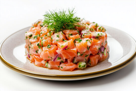 Flawless fresh salmon tartar served on a plate isolated on white background, generated AI
