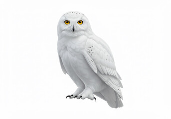 A majestic snowy owl with bright yellow eyes stands alert, its white plumage subtly speckled with darker markings.