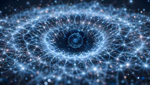 A mesmerizing digital artwork depicting a futuristic universe with interconnected nodes and glowing lines