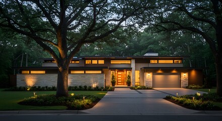 Obraz premium Modern house illuminated at dusk featuring stone facade wood accents driveway mature trees landscape lighting