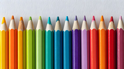 Bright colored pencils lined up in a row showcase an array of vibrant hues for drawing and crafting activities