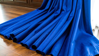 Rich blue fabric drapes flowing over hardwood