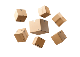 Cardboard boxes in a cluster, hovering in space.  Light brownish-tan color.  Geometric arrangement