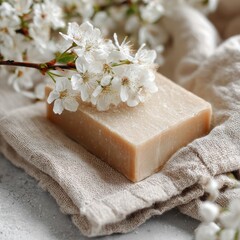 Handmade soap bar on natural fabric with delicate spring flowers against a soft gray background promoting eco-friendly products