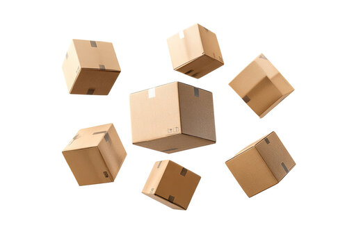 Cardboard boxes in a cluster, hovering in space.  Light brownish-tan color.  Geometric arrangement