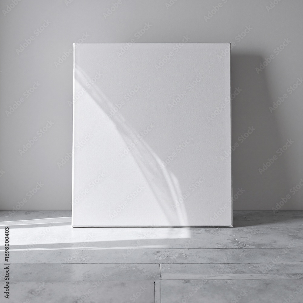 Poster a pristine white box rests on a polished wooden floor, its smooth surface reflecting soft light, cre